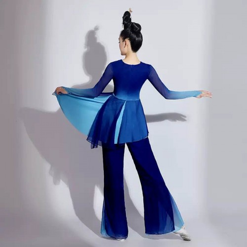 Girls Blue gradient chinese folk Classical dance costumes hanfu Jiaozhou Yangge dance dresses Women umbrella fan dance clothes for female